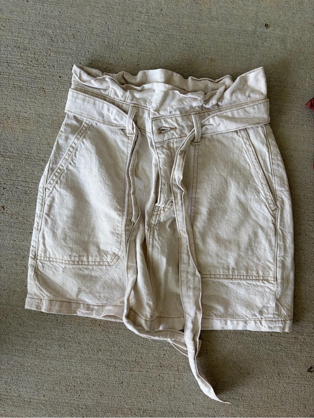 Free People High-Waist Paperbag Shorts with Tie Belt - Cream